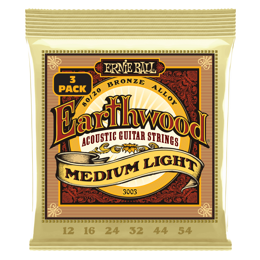 Ernie Ball Medium Light Earthwood 80/20 Bronze Acoustic Guitar Strings 12-54 Gauge - 3 Pack