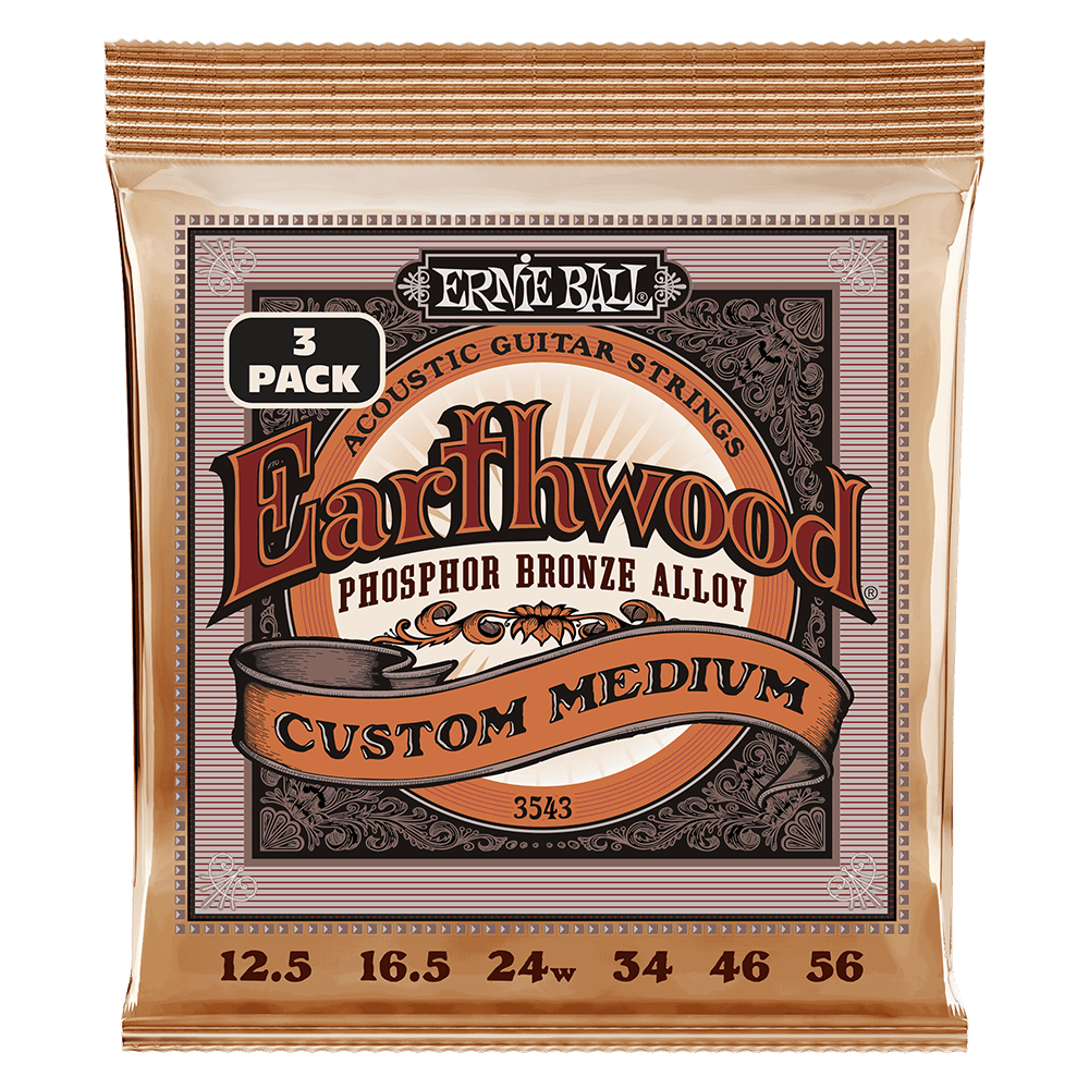 Ernie Ball Custom Medium Earthwood Phosphor Bronze Acoustic Guitar Strings 12.5-56 Gauge - 3 Pack