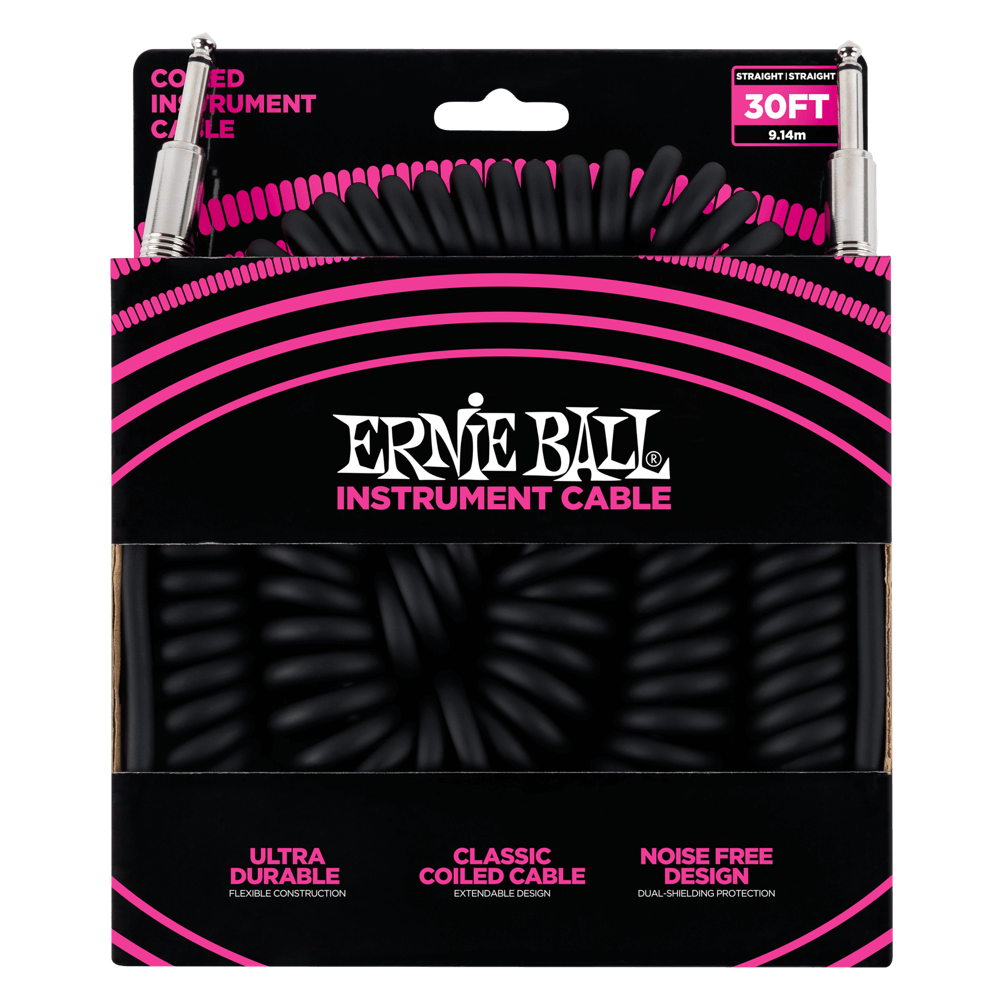 Ernie Ball 30ft Coiled Straight Instrument Cable, Black