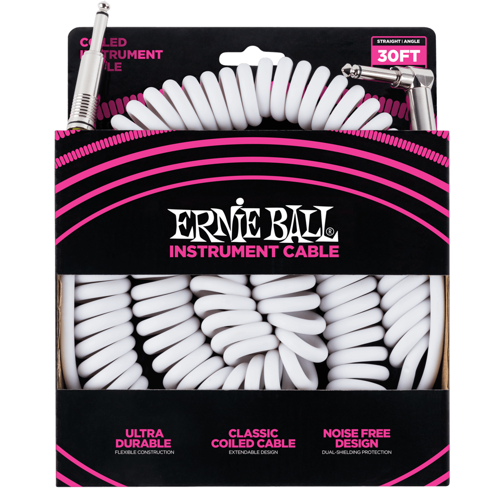 Ernie Ball 30ft Coiled Straight/Angle Instrument Cable, White