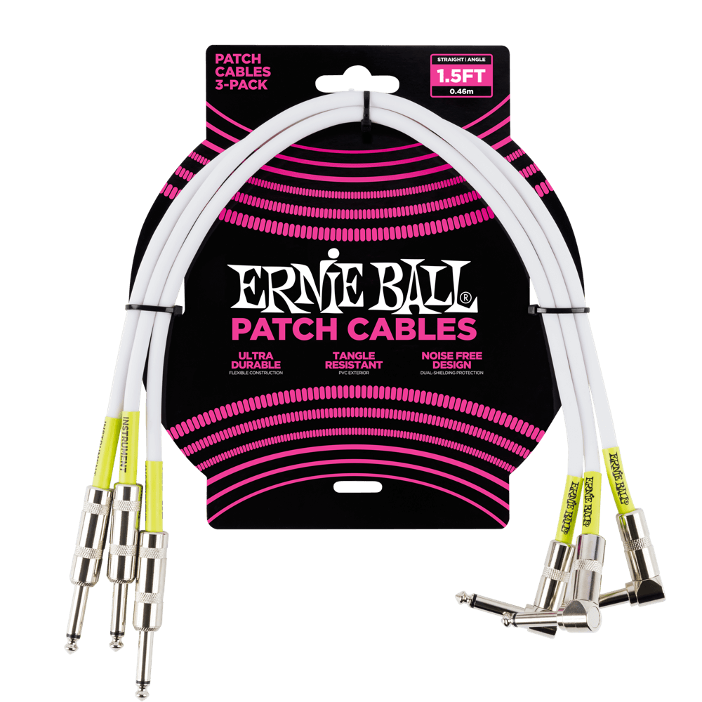 Ernie Ball 1ft Straight/Angle Patch Cable 3 Pack, White,