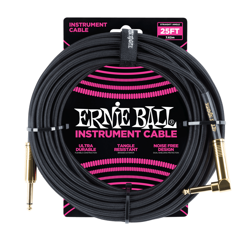 Ernie Ball 25ft Braided Straight/Angle Instrument Cable, Black