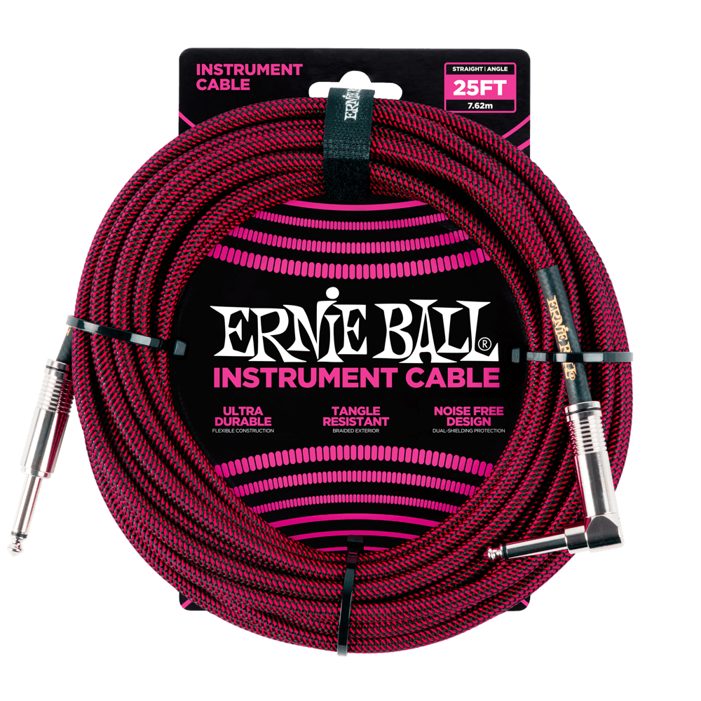 Ernie Ball 25ft Braided Straight/Angle Instrument Cable, Black/Red
