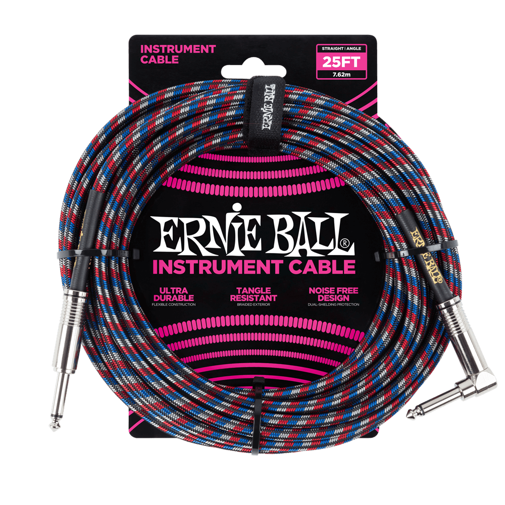 Ernie Ball 25ft Braided Straight/Angle Instrument Cable, Black/Red/Blue/White
