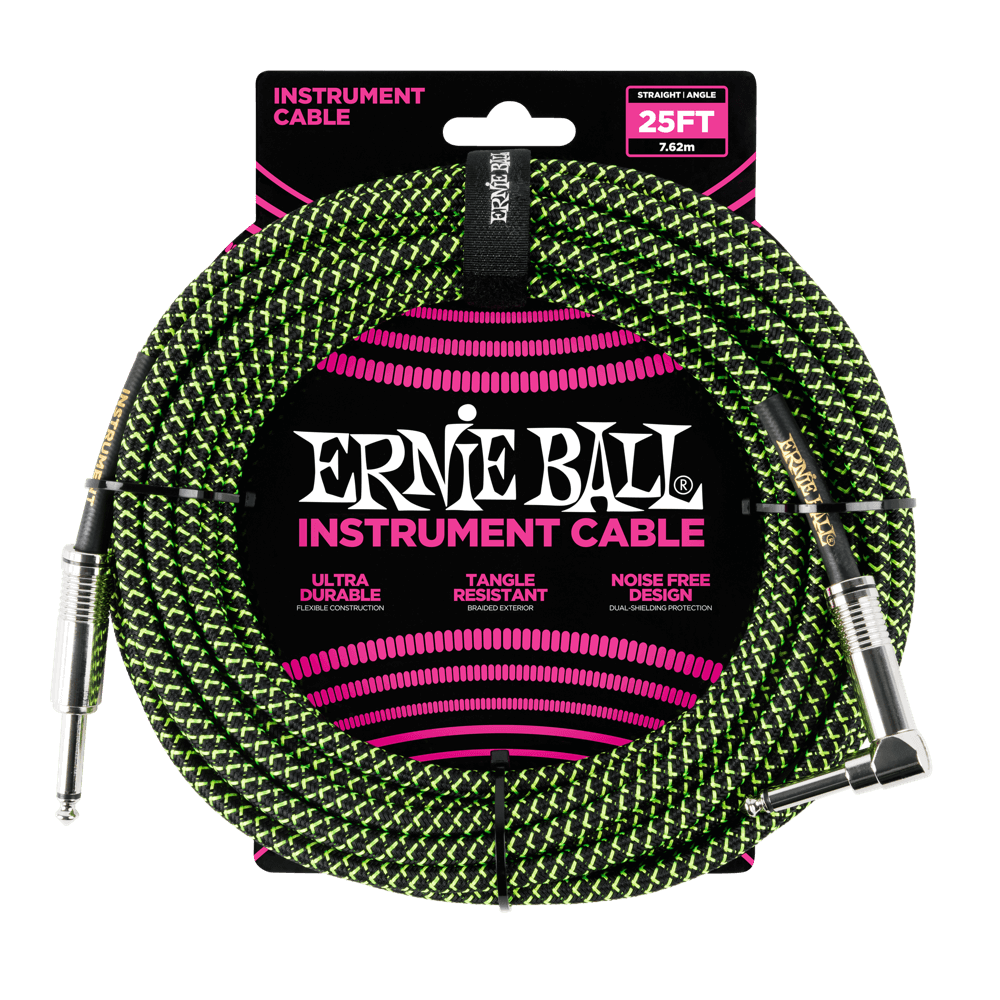 Ernie Ball 25ft Braided Straight/Angle Instrument Cable, Black/Green
