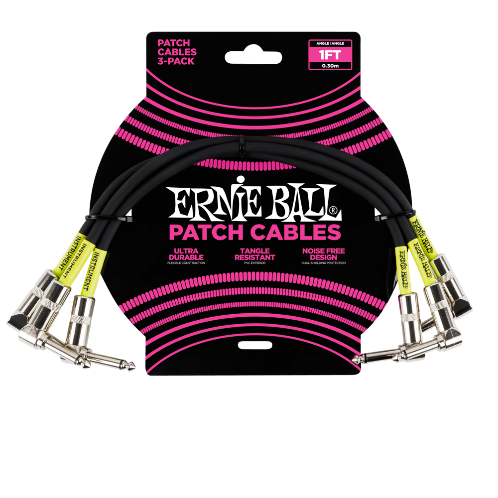Ernie Ball 1ft Angle/Angle Patch Cable 3 Pack, Black