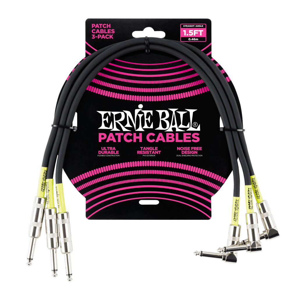 Ernie Ball 1.5ft Straight/Angle Patch Cable 3 Pack, Black