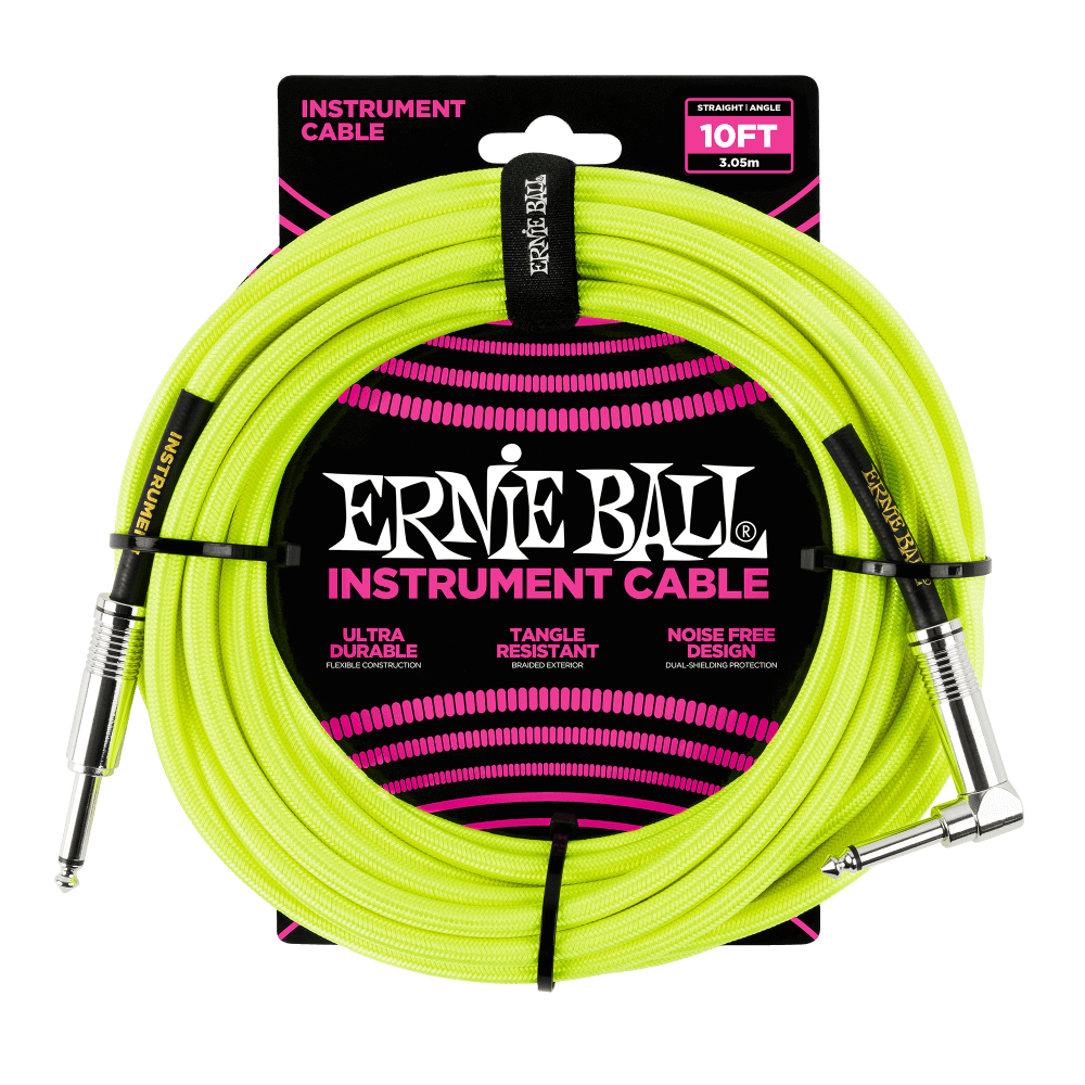 Ernie Ball 10ft  Braided Straight/Angle Instrument Cable, Neon Yellow