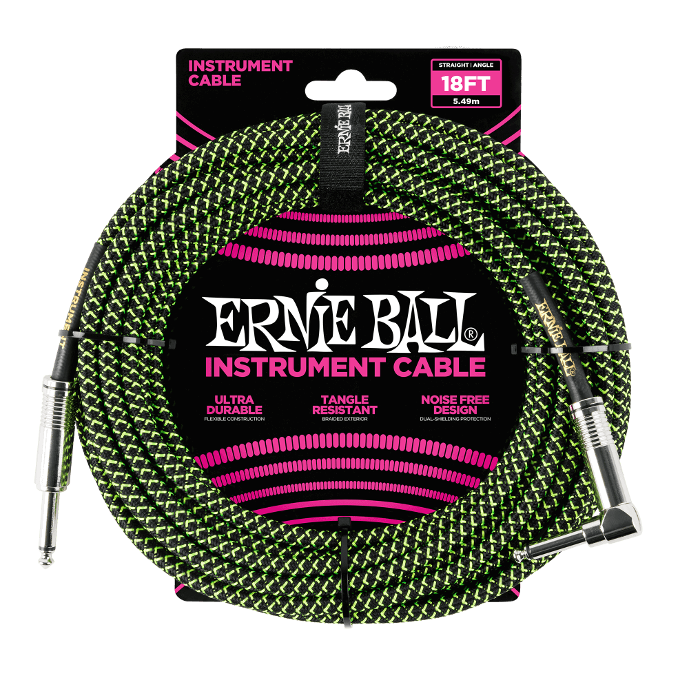 Ernie Ball 18ft Braided Straight/Angle Instrument Cable, Black/Green