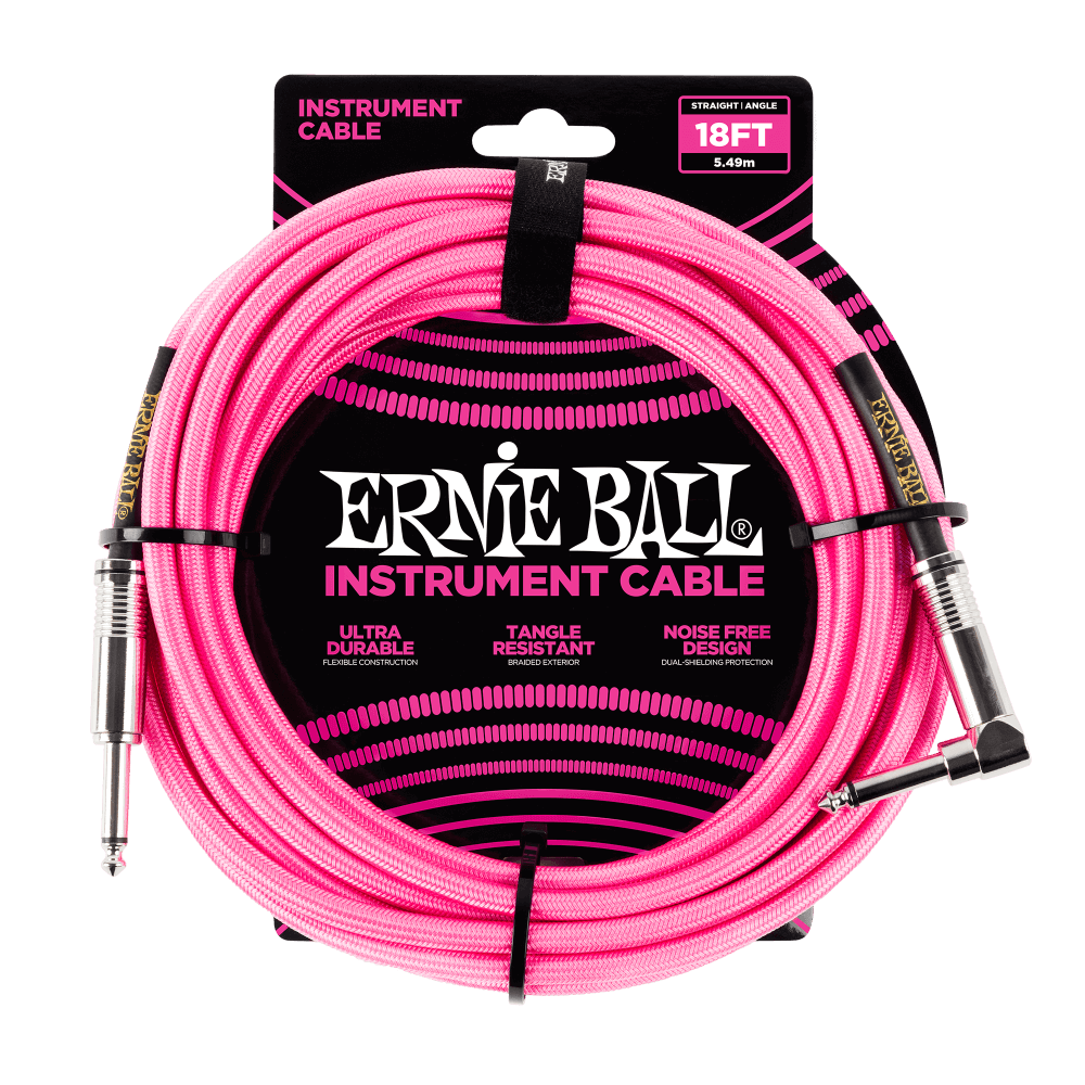 Ernie Ball 18ft Braided Straight/Angle Instrument Cable, Neon Pink