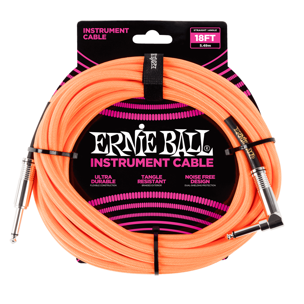 Ernie Ball 18ft Braided Straight/Angle Instrument Cable, Neon Orange