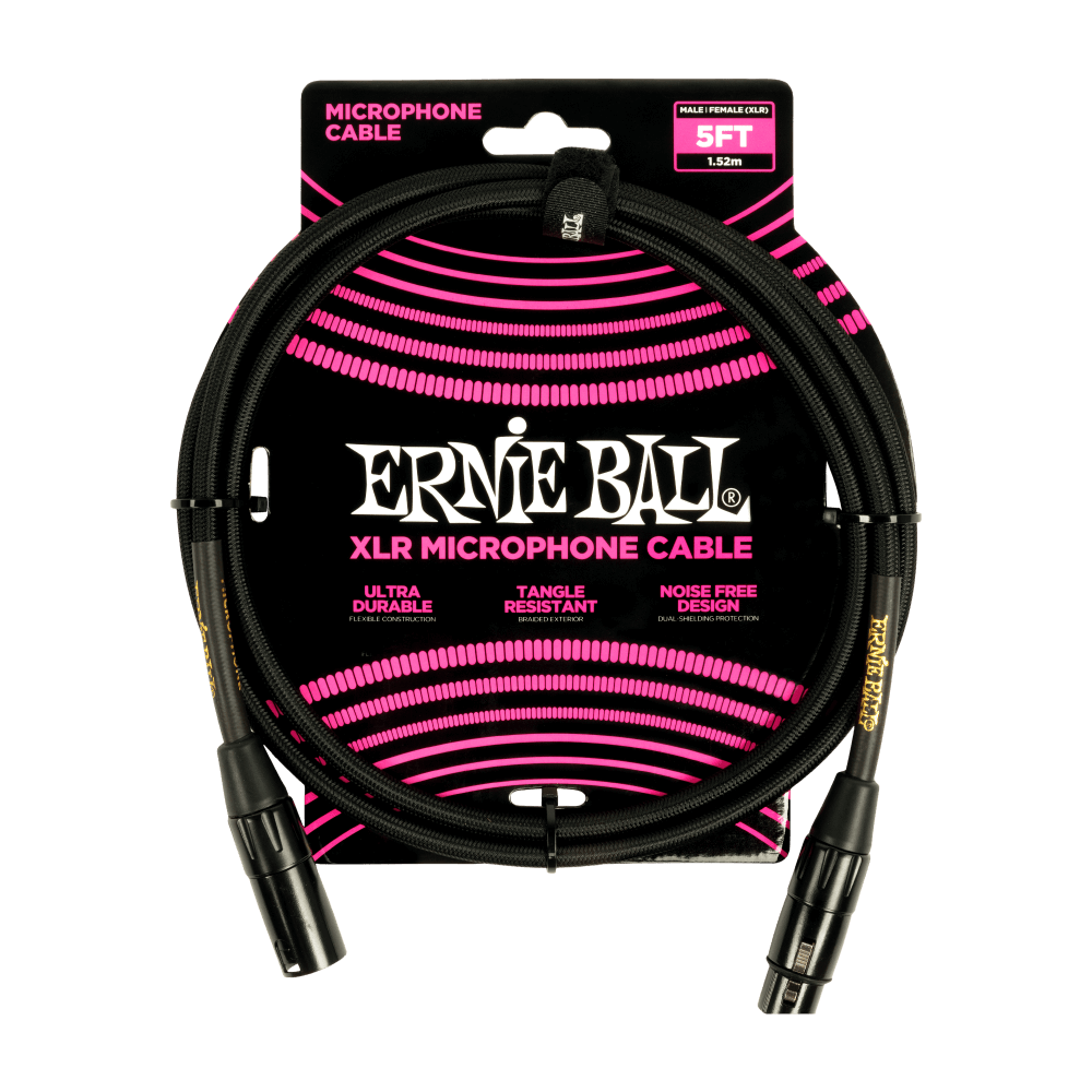 Ernie Ball 5ft Braided Male Female XLR Microphone Cable in Black