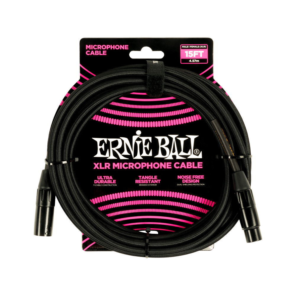 Ernie Ball 15ft Braided Male Female XLR Microphone Cable in Black